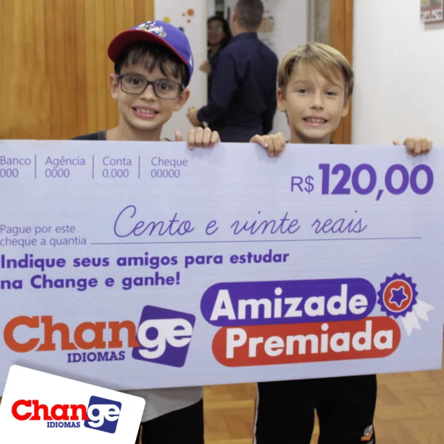Muitos amigos estudam juntos e ainda ganham MONEY por essa amizade. Sabe como? Com a AMIZADE PREMIADA.

📌1 – Você indica um amigo ou amiga para estudar no curso;
📌2 - O amigo faz matrícula registrando quem o indicou;
📌3 – Você ganha R$120,00 em dinheiro!

Sabe o que é melhor? Você pode indicar vários amigos😉. Marca aqui a galera que vai encarar o projeto #bilinguenareal com você! Amizade premiada é tudo de bom!

OBS: Promoção não acumulativa com demais ações executadas pela Change.